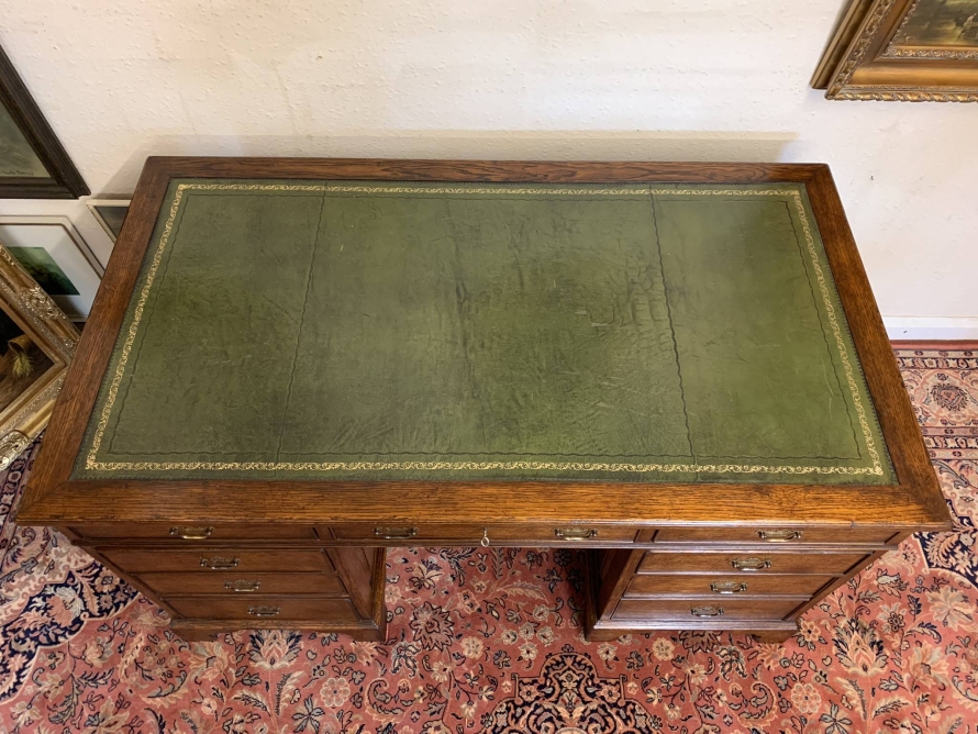 Outstanding Quality Oak Antique Green Leather Top Pedestal Desk - Now Sold - Image 5